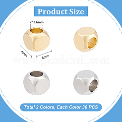304ステンレススチールビーズ  正方形  ゴールデン·ステンレス鋼色  4x4x2.2mm  穴：2~2.6mm  60個/箱&nbsp;STAS-UN0005-39