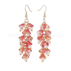 朝顔シェイプガラス＆イミテーションパールビーズダングルピアス  ゴールド ブラス クラスター ロング ドロップ イヤリング レディース  トマト  70mm  ピン：0.6mm&nbsp;EJEW-JE05100-01