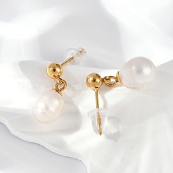 304 Stainless Steel Natural Freshwater Pearl Dangle Stud Earrings&nbsp;EJEW-G423-20G