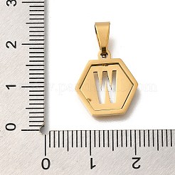 304ステンレススチールチャーム  18KGP本金メッキ  レターチャーム付き六角形  文字W  15x14x1.5mm  穴：3x5.5mm&nbsp;STAS-H227-01G-W