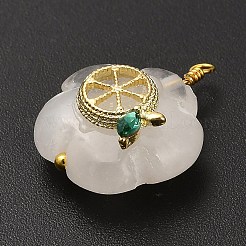 天然石クオーツクリスタルペンダント  真鍮のパヴェキュービックジルコニアとエナメルフルーツの金具が付いたフラワーチャーム  ゴールドカラー  オレンジ  21x17x9mm  穴：1.8mm&nbsp;G-C290-02D