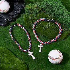 2Pcs Stainless Steel Baseball Cross Pendant Braided Nylon Cord Necklaces&nbsp;NJEW-UN0001-83