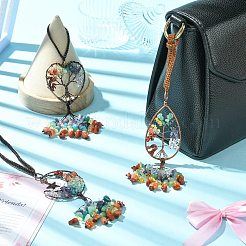 3Pcs 3 Styles Copper Wire Wrapped Chakra Natural Gemstone with Tree of Life Pendant Decorations&nbsp;HJEW-CJ0001-22
