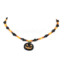 Halloween Black Alloy Enamel Pumpkin Skull Cat Shape Pendant Glass Seed Beaded Necklaces for Women&nbsp;NJEW-JN05579