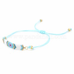 ガラスシード編みこみビーズブレスレット  女性のためのナザールボンジュウラッキーフレンドシップブレスレットと長方形  空色  11インチ（28cm）&nbsp;BJEW-A121-52