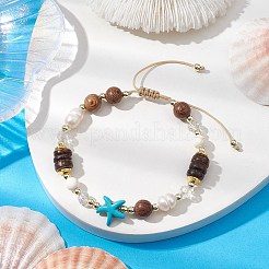 Adjustable Dyed Synthetic Turquoise & Coconut & Wood & Pearl Braided Bead Bracelets&nbsp;BJEW-JB10721-02