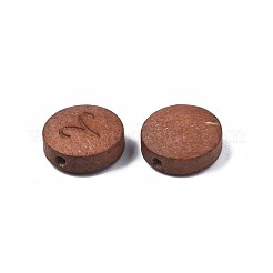 レーザー彫刻された木製ビーズ  星座12個のフラットラウンド  染め  キャメル  牡羊座  12x4mm  穴：1.6mm&nbsp;WOOD-S053-53J