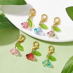 6 個の花と葉のアクリルペンダント装飾  合金製カニカン付き  ゴールドカラー  24mm&nbsp;HJEW-JM01364-01