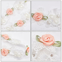 3ヤード刺繍花ポリエステルレーストリム  模造真珠ビーズ  縫製装飾工芸品  ホワイト  1-3/8インチ（35mm）&nbsp;OCOR-GF0002-54