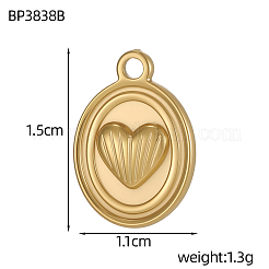304ステンレススチールチャーム  イオンプレーティング（ip）  楕円形、ハートチャーム付き  18KGP本金メッキ  15x11mm  穴：2mm&nbsp;SA-OY001-19G