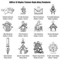 60pcs12スタイルチベットスタイルアロイペンダント  犬小屋＆コーヒーマシン＆風車  アンティークシルバー  15~24.5x11~20x1~4mm  穴：2mm  5個/スタイル&nbsp;ST-CJ0002-56