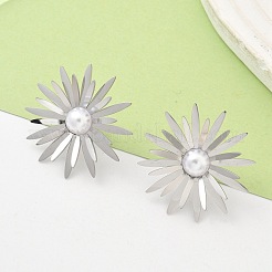 304ステンレススチールABS模造真珠スタッドピアス  花  ステンレス鋼色  30mm&nbsp;EJEW-Z098-20P