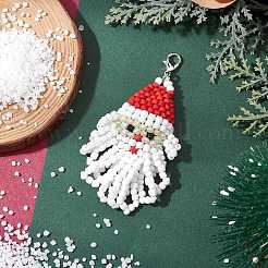 クリスマス サンタクロース ガラス シードビーズ ペンダント デコレーション  バッグの飾り用のロブスター クロー クラスプ チャーム  プラチナ  75mm&nbsp;HJEW-JM02353
