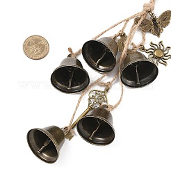 鉄のベルと合金の鍵/太陽/月のチャームの吊り下げ装飾品  家のドアの壁の装飾用のジュートコード  アンティークブロンズ  300mm&nbsp;HJEW-JM03430