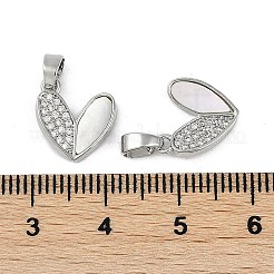 真鍮パヴェ天然シェルハートチャーム  クリアキュービックジルコニアハートチャーム  プラチナ  12x11.5x2.5mm  穴：3x5mm&nbsp;KK-Z078-20P