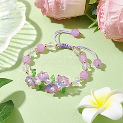 女性用フラワーガラス＆アクリル編みビーズ調節可能ブレスレット  プラム  内径：2~3インチ（5~7.5cm）&nbsp;BJEW-JB10446-02
