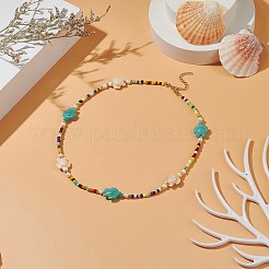 Tortoise Dyed Synthetic Turquoise & Shell Pearl & Glass Seed Beaded Necklace&nbsp;NJEW-TA00054