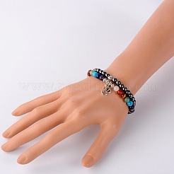 トレンディ合成ヘマタイトビーズストレッチ2ループブレスレット  チベット風パーツ  天然赤瑪瑙  ラピスラズリ(染め)  アメジスト  グリーンアベンチュリン  タイガーアイ  合成ターコイズ(染色)  アンティークシルバー  14-3/8インチ（36.5cm）&nbsp;BJEW-JB01728-05