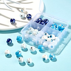 60個4色手作り磁器セラミックビーズ  光沢釉の磁器  ナザールボンジュウ付きラウンド  ミックスカラー  10.5mm  穴：1.8mm  15個/カラー&nbsp;PORC-LS0001-02