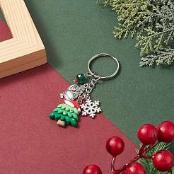 クリスマステーマの樹脂キーホルダー  合金エナメルペンダントとガラスビーズと鉄のリング付き  雪の結晶とクリスマスツリー  プラチナ  7.6cm&nbsp;KEYC-TA00009