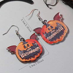 ハロウィンカボチャと文字入り合金ダングルイヤリング  プラチナ  オレンジ  55x39mm&nbsp;XN8797-4