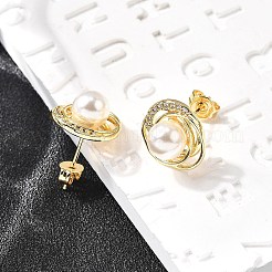 Round Brass Micro Pave Clear Cubic Zirconia Stud Earrings&nbsp;EJEW-C154-05G