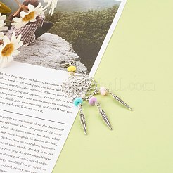 チベット風合金ビッグサイズペンダントトップ  羽毛と手作りのポリマー粘土ビーズを使った織りネット/ウェブ  カニカン付き  アンティークシルバー＆プラチナ  90x28mm&nbsp;HJEW-JM00497-01