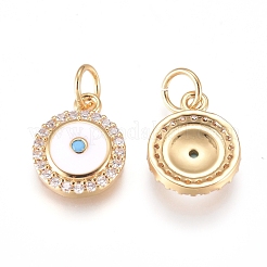 真鍮製チャーム  マイクロパヴェキュービックジルコニア付き  エナメルと丸カン  ナザールボンジュウ付きフラットラウンド  透明  ゴールドカラー  12.5x10x3mm  穴：3mm&nbsp;ZIRC-L070-86G