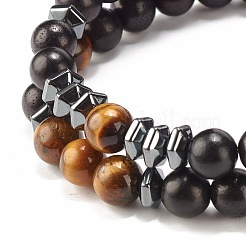 2Pcs 2 Style Natural Wood & Tiger Eye & Synthetic Hematite Stretch Bracelets Set&nbsp;BJEW-JB07940