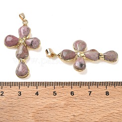 天然石ロードナイトペンダント  クロスチャーム  ゴールデントーン真鍮パーツ  38~41x22.5~23.5x5.5~6mm  穴：5.5x3.5mm&nbsp;GG-CBA9F30-02G-14