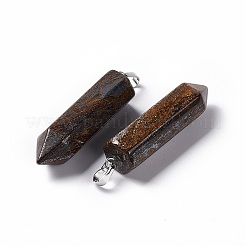 天然ブロンズ石のダブル ターミネート ポインテッド ペンダント  プラチナトーンの真鍮パーツ  弾丸  39x10x10mm  穴：3x6mm&nbsp;G-G926-01P-14