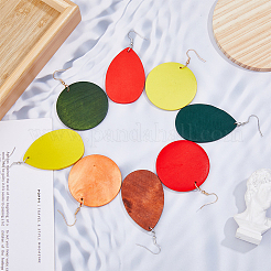 8 Pairs 8 Style Natural Wood Flat Round & Teardrop Dangle Earrings&nbsp;EJEW-FI0001-48