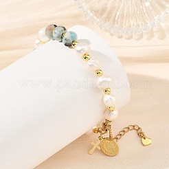 Rondelle Natural Larimar and Potato Natural Cultured Freshwater Pearl Beaded Bracelets&nbsp;BJEW-JB14435