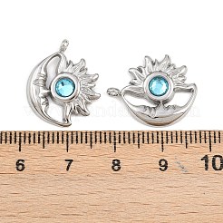 304ステンレススチールラインストーンペンダント  星と月の誕生石チャーム  12月  ステンレス鋼色  アクアマリン  19.5x16x3.5mm  穴：1.6mm&nbsp;STAS-Z166-24P-12