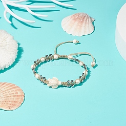 合成ターコイズ(染色)べっ甲&真鍮丸編みビーズブレスレット  女性のためのアクセサリー用原石のアクセサリー  ホワイト  内径：2-1/8~3-1/8インチ（5.3~8cm）&nbsp;BJEW-TA00189-02