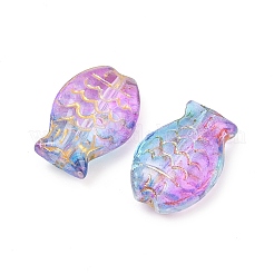 電気メッキと金色の金属で覆われたガラスビーズ  魚  蘭  14.5x10x6mm  穴：1.2mm&nbsp;EGLA-T029-01B