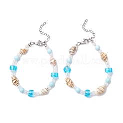 女性用ガラス＆ターコイズ＆シェルビーズブレスレット  巻き貝  ホワイト  7-3/8~7-1/2インチ（18.6~18.9cm）&nbsp;BJEW-JB11757