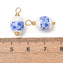 手作りの磁器のペンダント  梅の花のチャームが付いた楕円形  青と​​白の磁器  真鍮パーツ  18KGP本金メッキ  藤紫色  18x8.5mm  穴：3x2mm&nbsp;PR-CBAC347-01