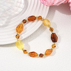 天然琥珀と非磁性合成ヘマタイトビーズを使用した女性用ストレッチブレスレット  ラウンド＆ナゲット  内径：1.97インチ（5cm）&nbsp;BJEW-JB13776