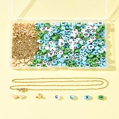 DIYネックレスキット  304ステンレススチールネックレス付き  不透明なアクリルビーズ  ccbプラスチックラウンドビーズ  グリーン  17.72インチ（45cm）&nbsp;DIY-FS0008-71