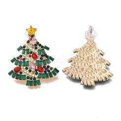 女性用クリスマス合金ラインストーンスタッドピアス  クリスマスツリー  ゴールドカラー  45.5~46.5x37~37.5mm&nbsp;EJEW-U024-01G-01