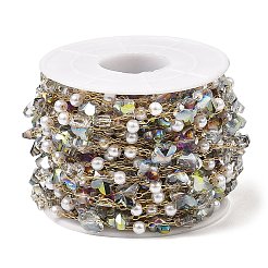 バタフライガラス & ABS プラスチックパールビーズリンクチェーン  金色の304ステンレススチールペーパークリップチェーン付き  ハンダ付け  スプールで  ライトグレー  6x7.5x4.5mm  4x3.5mm  約32.81フィート（10m）/ロール&nbsp;CHS-G028-02G-01