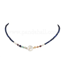Natural Pearl & Star Moon White Shell & Faceted Round Natural Lapis Lazuli Beaded Necklaces for Women&nbsp;NJEW-JN06089