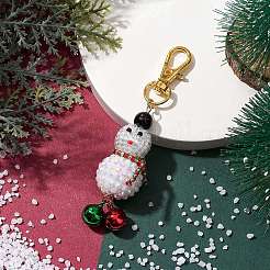 クリスマス 雪だるま 樹脂 ラインストーン & ガラス シードビーズ ペンダント デコレーション  バッグの飾りに使えるロブスターの爪留めと真鍮のベルチャーム  ゴールドカラー  90mm&nbsp;HJEW-MZ00076