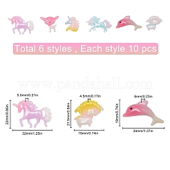 60個6スタイルの樹脂カボション  グリッターパウダー付き  ユニコーン＆イルカ＆羊＆鹿  カラフル  10個/スタイル&nbsp;CRES-SC0002-03