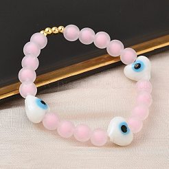 真鍮、プラスチック、ランプワークビーズを使用した女性用ストレッチブレスレット  ナザールボンジュウ模様のハート  ラックめっき  鉛フリー＆カドミウムフリー  長持ちメッキ  ピンク  内径：2-1/4インチ（5.85cm）&nbsp;BJEW-F515-03G-01