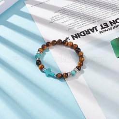 Natural Tiger Eye & Synthetic Turquoise(Dyed) Cross Beaded Bracelet&nbsp;BJEW-TA00179-01