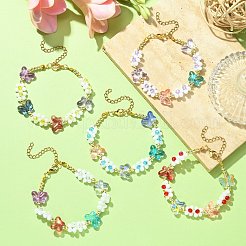 304ステンレススチール留め金付き花と蝶のガラスビーズブレスレット  ミックスカラー  7-3/8インチ（18.6cm）&nbsp;BJEW-JB09585