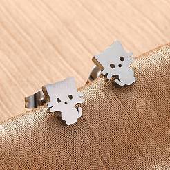 変色しにくい304ステンレススチールの子猫スタッドピアス  低刺激性のイヤリング  ピアスキャッチ/ピアスバックキャッチ付き  猫のシルエット  ステンレス鋼色  8x7mm  ピン：0.8mm  12のペア/カード&nbsp;EJEW-F227-08P