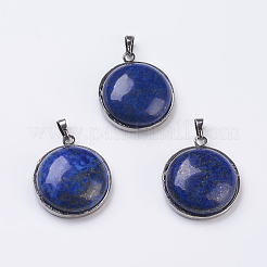 天然石ラピスラズリペンダント  フラットラウンド  アンティークシルバー  31.5x27x9mm  穴：5x8mm&nbsp;G-E436-02C